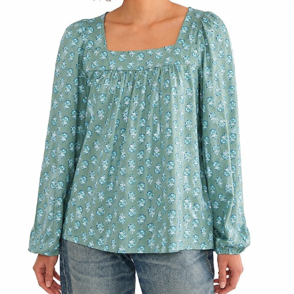 Lucky Brand NWT Womens S Green Floral Square Neck Long Sleeve Peasant Tunic Top